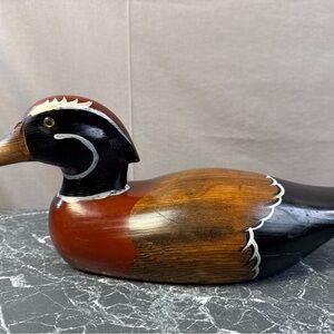Hand-Painted Wooden Duck Accent in Brown, Black and Red-Brown
